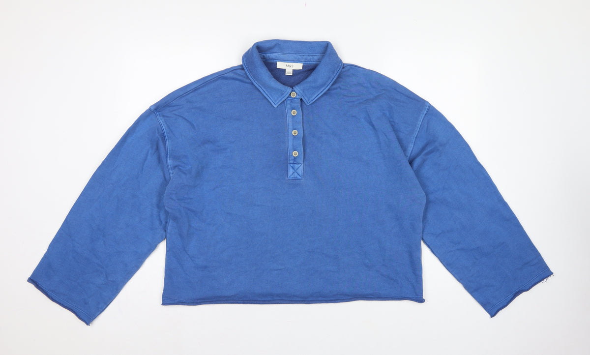 Back view of Marks and Spencer Women Blue L Collared Henley Cotton Sweatshirt