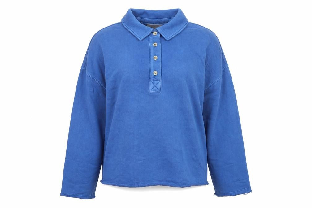 Front view of Marks and Spencer Women Blue L Collared Henley Cotton Sweatshirt