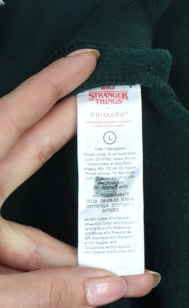 Primark Stranger Things Women's Green L Hawkins 1987 Pullover Hoodie
