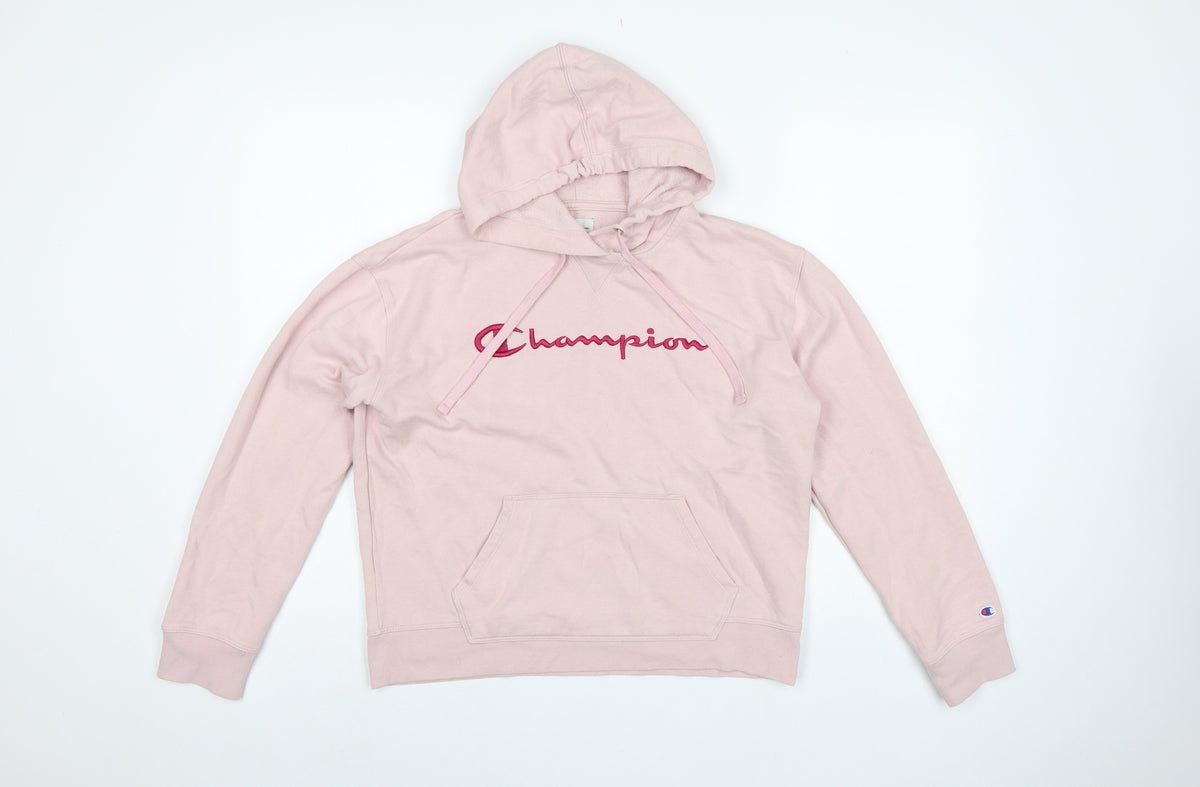 Back view of Champion Women’s Pink M Pullover Hoodie Embroidered Logo