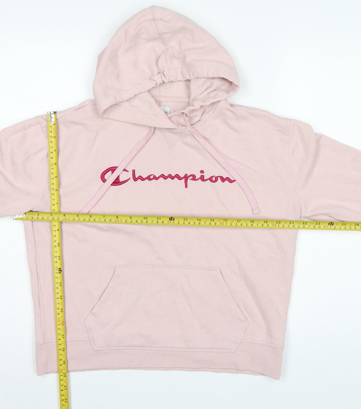 Close-up detail of Champion Women’s Pink M Pullover Hoodie Embroidered Logo