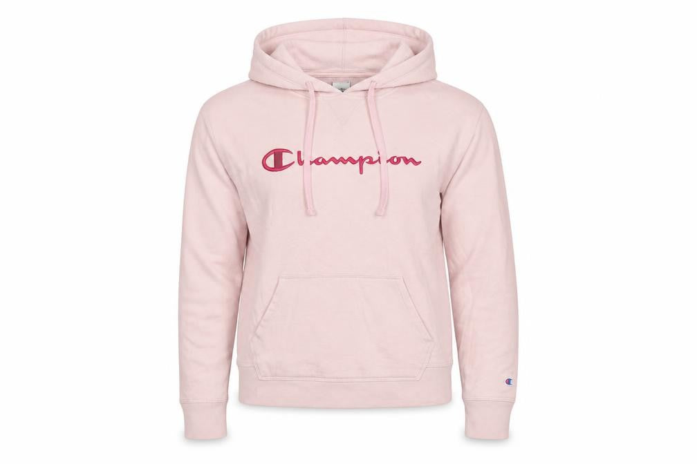 Front view of Champion Women’s Pink M Pullover Hoodie Embroidered Logo