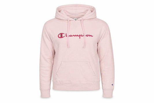 Front view of Champion Women’s Pink M Pullover Hoodie Embroidered Logo