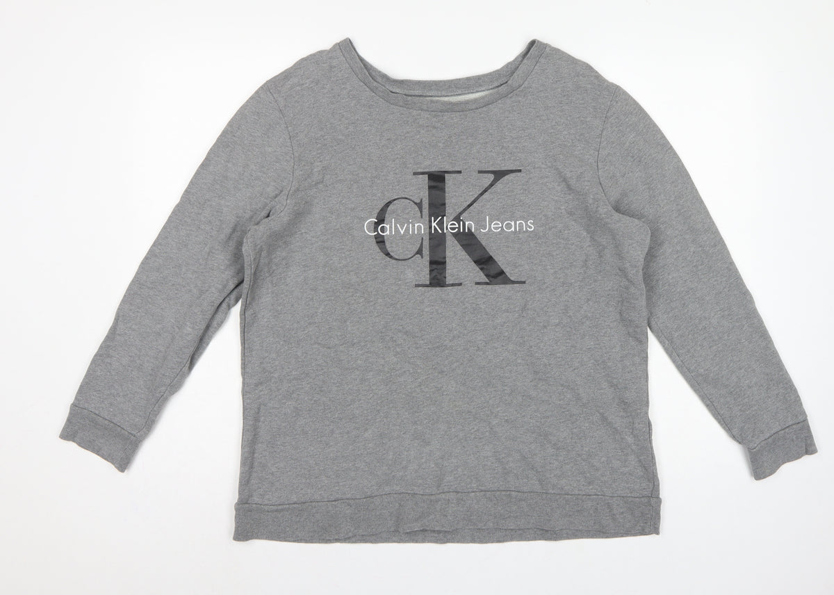 Back view of Calvin Klein Jeans Women’s Grey L Logo Pullover Sweatshirt