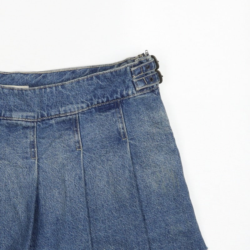 Bershka Women Blue UK 14 Denim Pleated Mini Skirt Buckle Frayed Hem