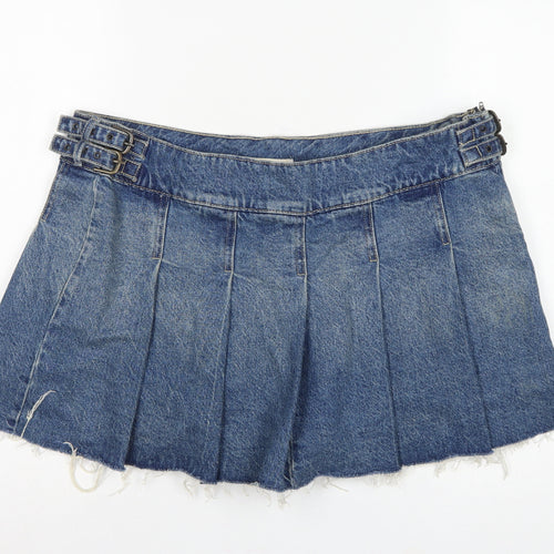 Bershka Women Blue UK 14 Denim Pleated Mini Skirt Buckle Frayed Hem