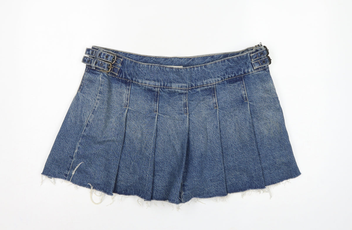 Bershka Women Blue UK 14 Denim Pleated Mini Skirt Buckle Frayed Hem