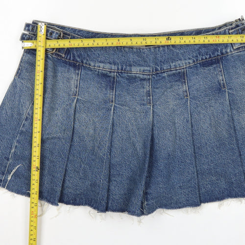 Bershka Women Blue UK 14 Denim Pleated Mini Skirt Buckle Frayed Hem