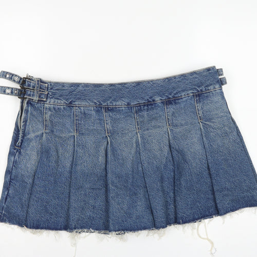 Bershka Women Blue UK 14 Denim Pleated Mini Skirt Buckle Frayed Hem
