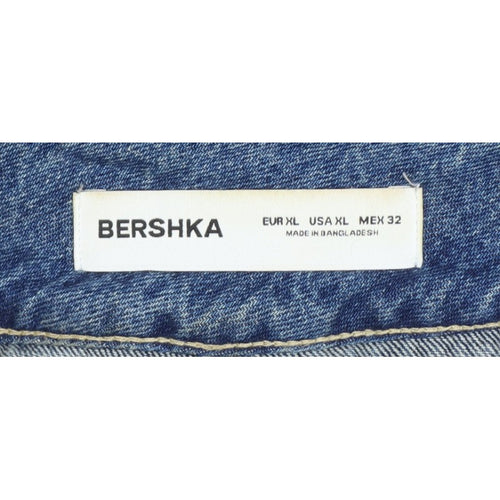Bershka Women Blue UK 14 Denim Pleated Mini Skirt Buckle Frayed Hem