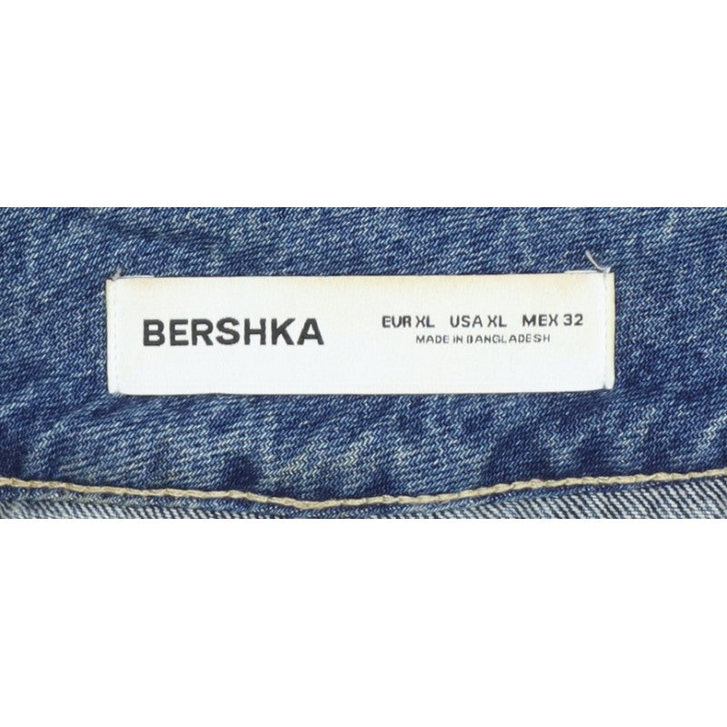 Bershka Women Blue UK 14 Denim Pleated Mini Skirt Buckle Frayed Hem