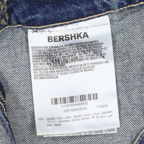 Bershka Women Blue UK 14 Denim Pleated Mini Skirt Buckle Frayed Hem