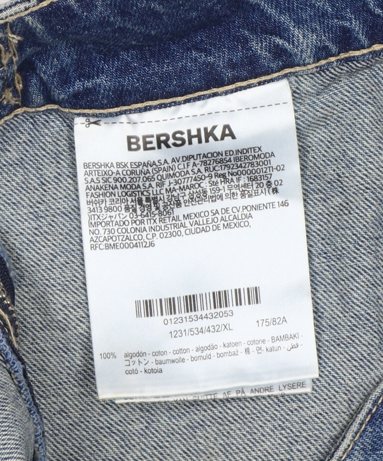 Bershka Women Blue UK 14 Denim Pleated Mini Skirt Buckle Frayed Hem