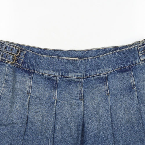 Bershka Women Blue UK 14 Denim Pleated Mini Skirt Buckle Frayed Hem