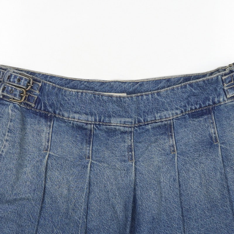 Bershka Women Blue UK 14 Denim Pleated Mini Skirt Buckle Frayed Hem