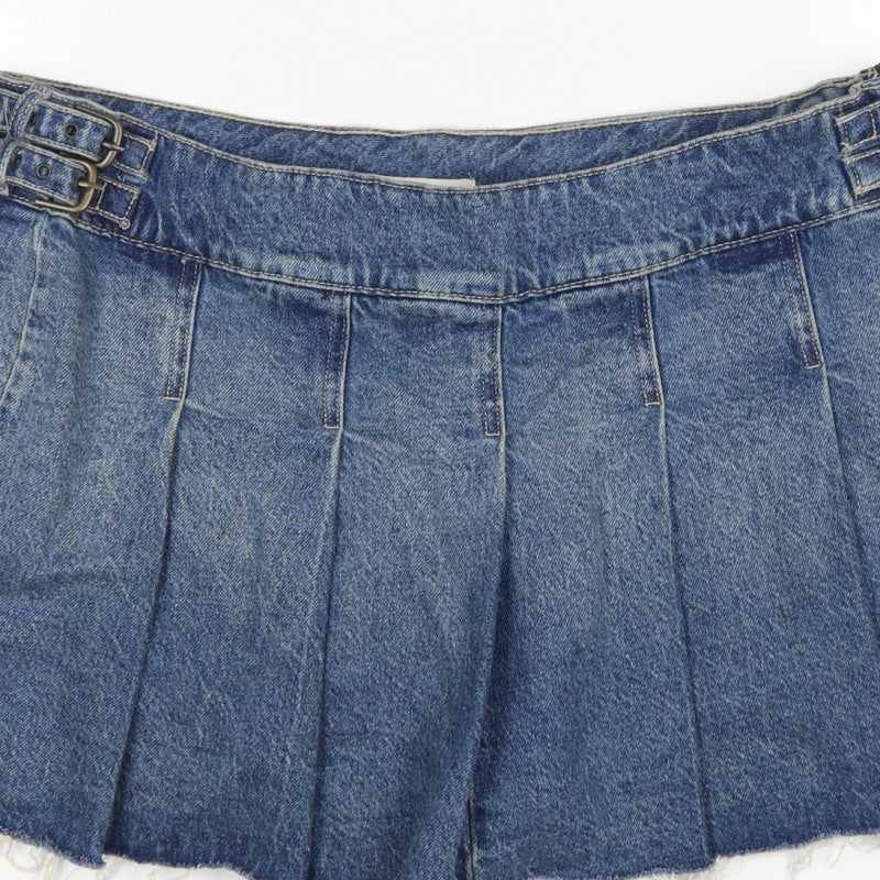 Bershka Women Blue UK 14 Denim Pleated Mini Skirt Buckle Frayed Hem