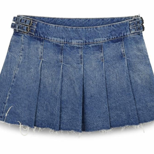 Bershka Women Blue UK 14 Denim Pleated Mini Skirt Buckle Frayed Hem