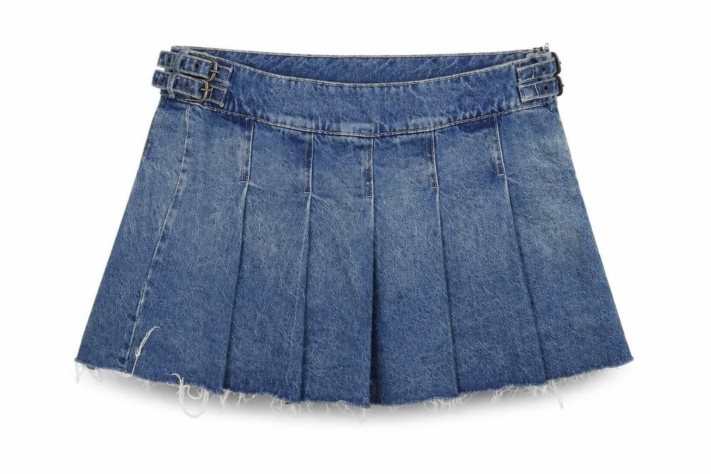 Bershka Women Blue UK 14 Denim Pleated Mini Skirt Buckle Frayed Hem