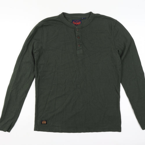 Superdry Men’s Green L Long Sleeve Cotton Henley Button-Up Top