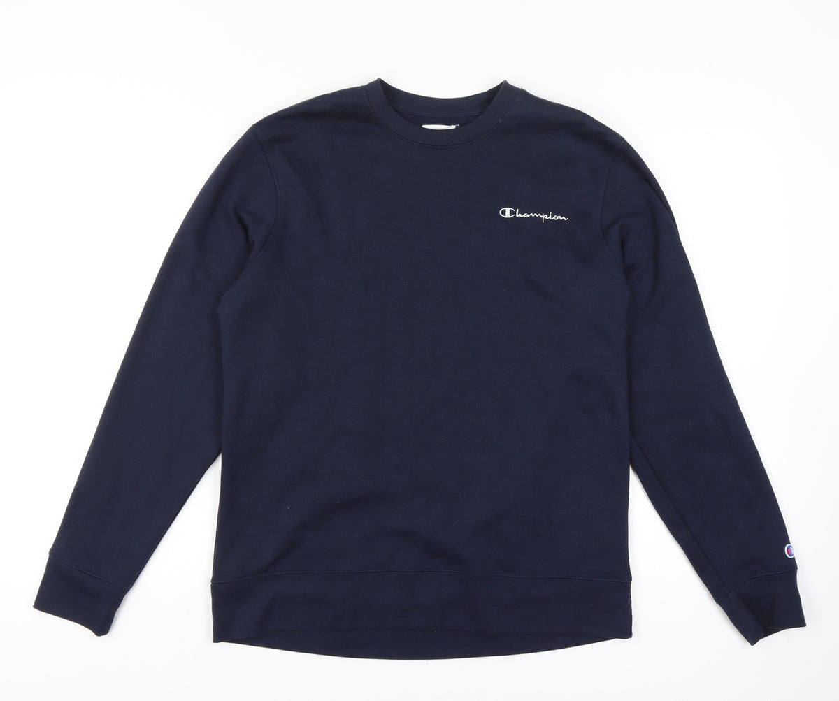 Back view of Champion Men’s Blue M Crew Neck Logo Pullover Sweatshirt