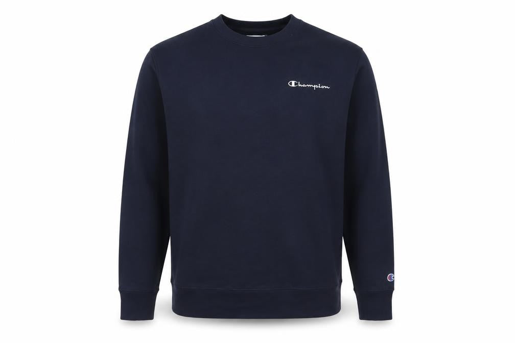 Front view of Champion Men’s Blue M Crew Neck Logo Pullover Sweatshirt