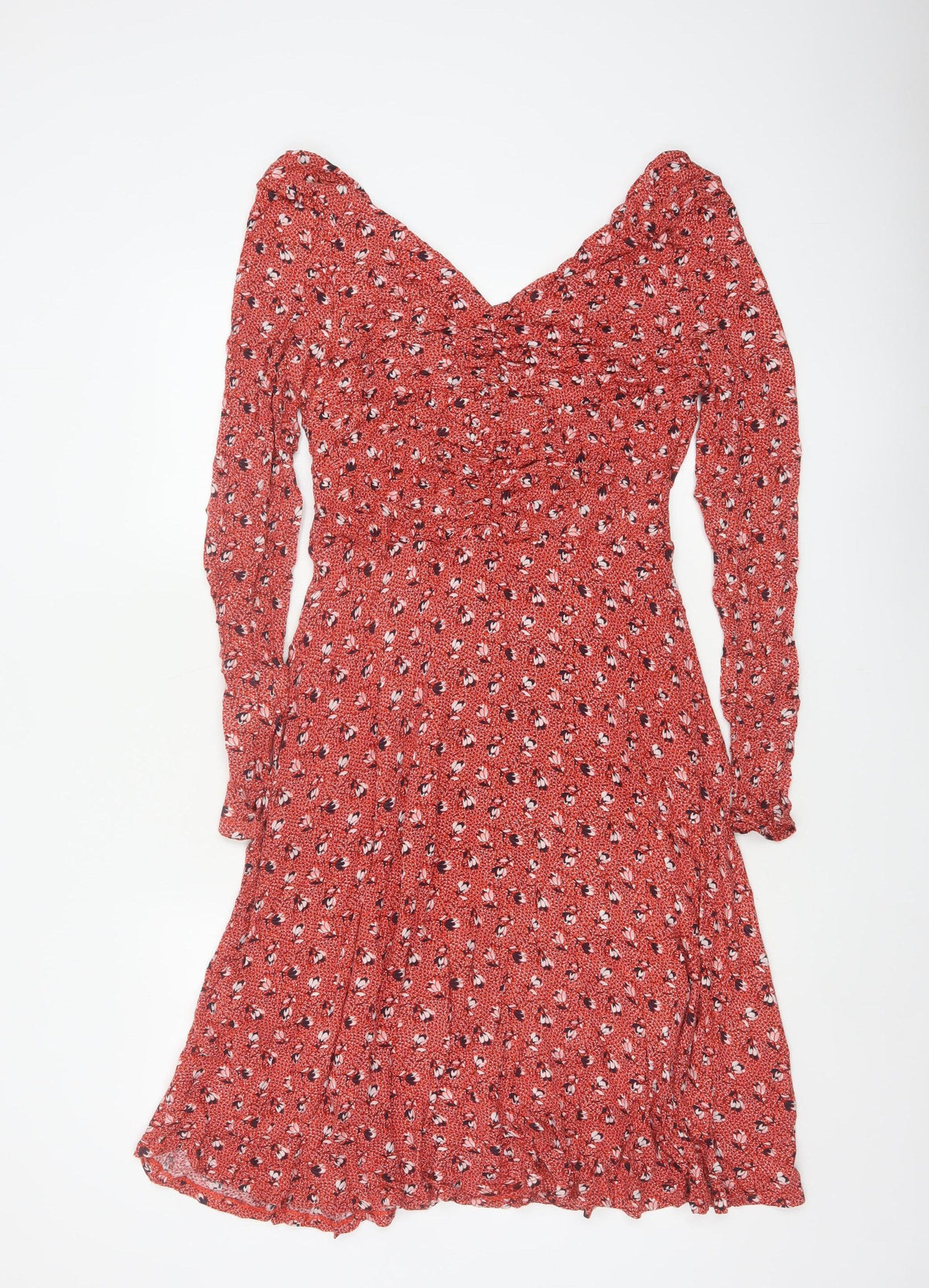 Boden Women Red Floral V-Neck Fit & Flare Knee Dress UK 12