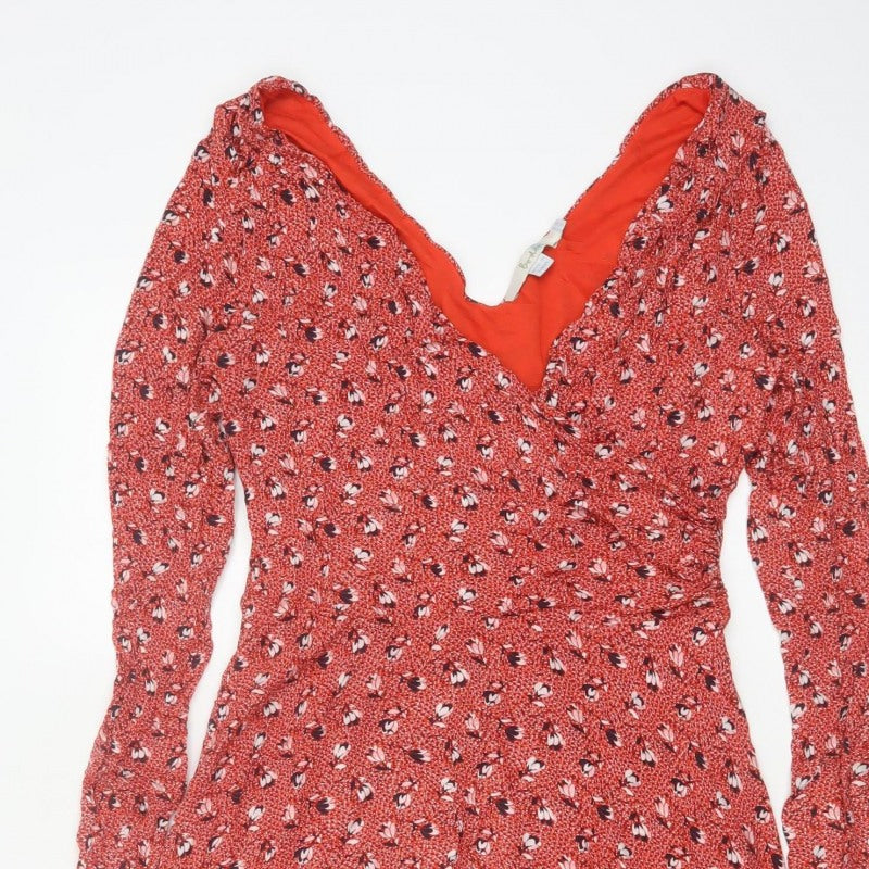 Boden Women Red Floral V-Neck Fit & Flare Knee Dress UK 12