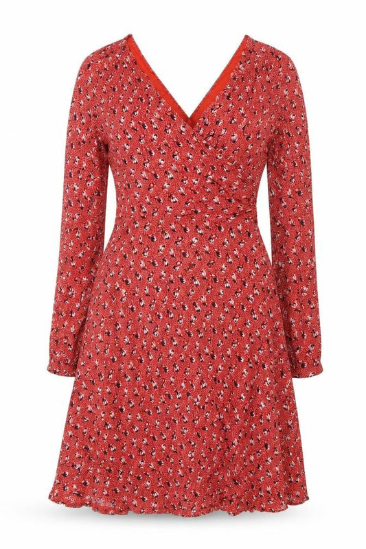 Front view of Boden Women Red Floral V-Neck Fit & Flare Knee Dress UK 12