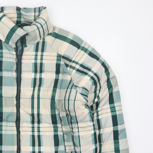 Monki Women Blue Plaid Puffer Jacket L Quilted Full Zip