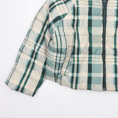 Monki Women Blue Plaid Puffer Jacket L Quilted Full Zip