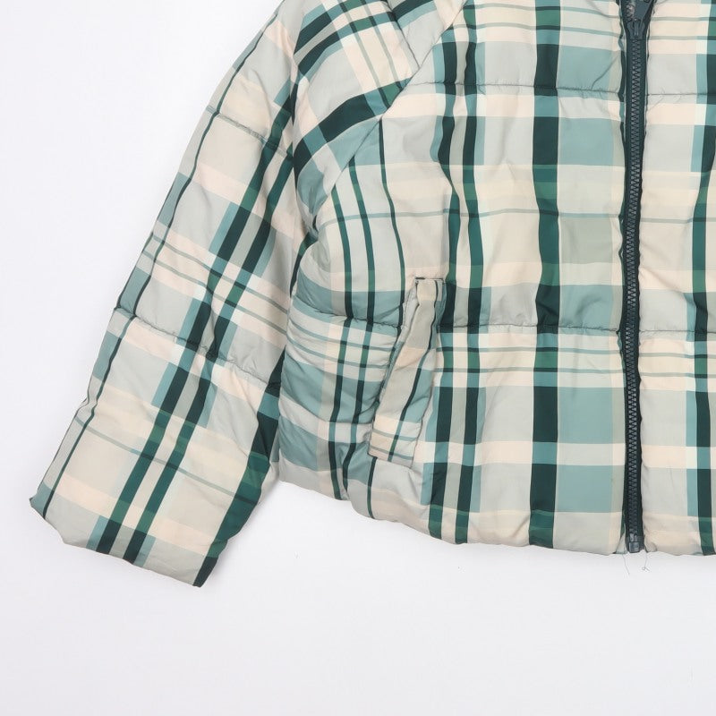 Monki Women Blue Plaid Puffer Jacket L Quilted Full Zip