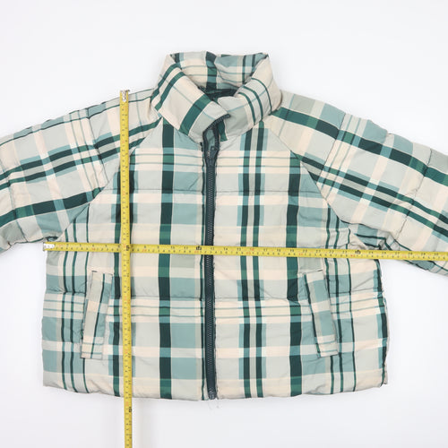 Monki Women Blue Plaid Puffer Jacket L Quilted Full Zip