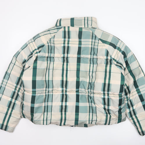Monki Women Blue Plaid Puffer Jacket L Quilted Full Zip