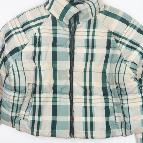 Monki Women Blue Plaid Puffer Jacket L Quilted Full Zip