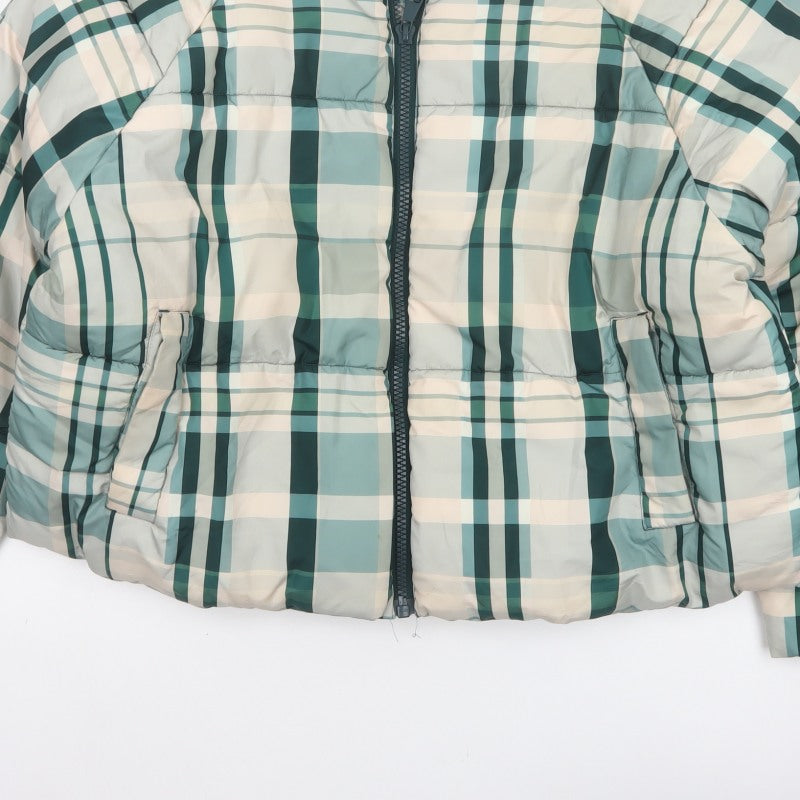 Monki Women Blue Plaid Puffer Jacket L Quilted Full Zip