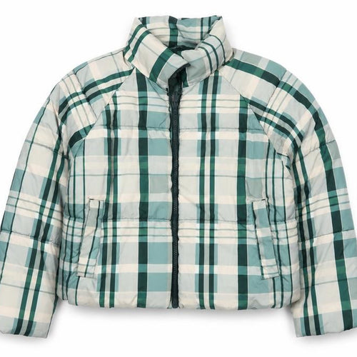Monki Women Blue Plaid Puffer Jacket L Quilted Full Zip