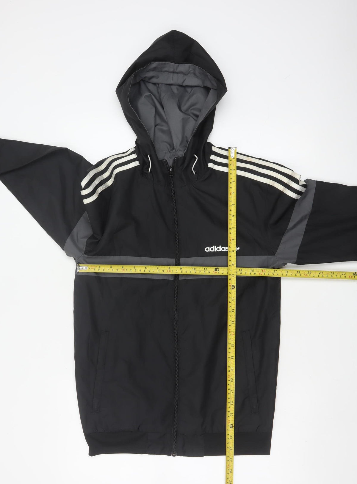 Adidas Originals Men's Black Grey XS Hooded Windbreaker 3 Stripe Jacket