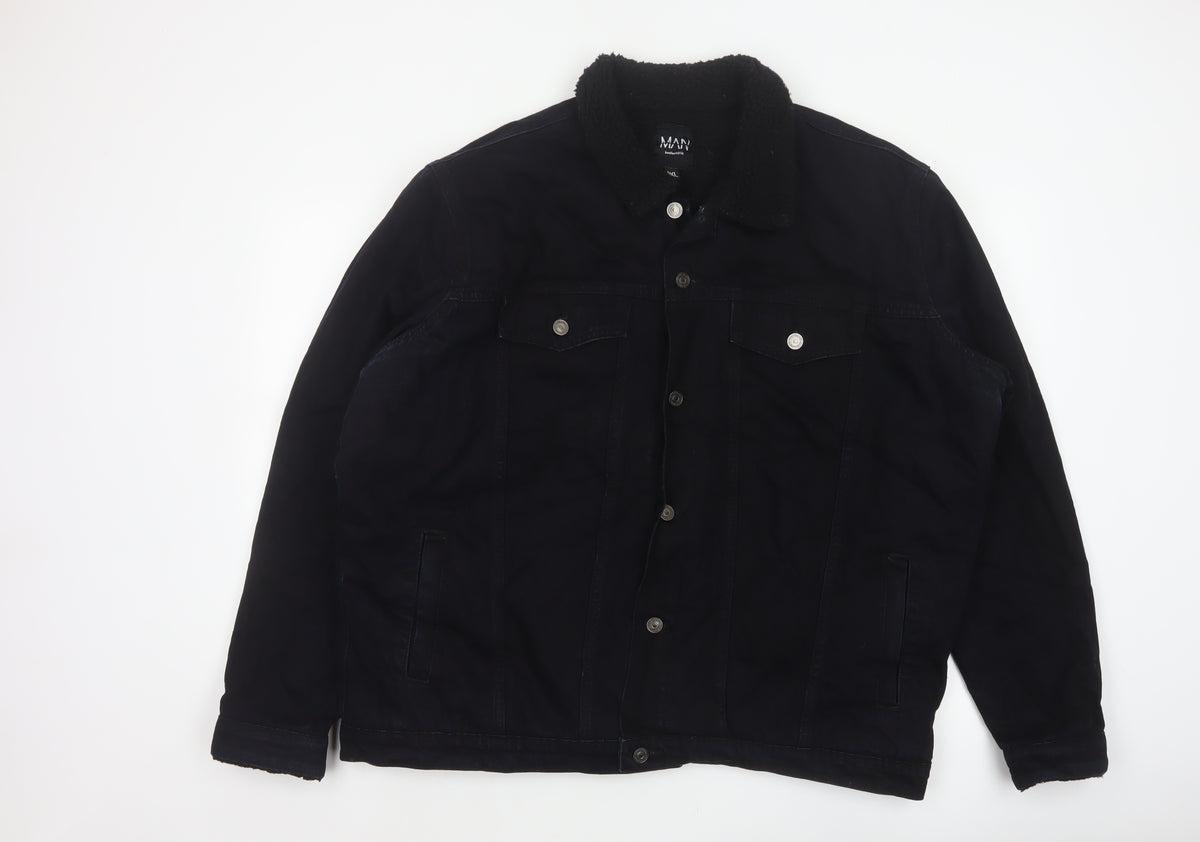 boohooMAN Men’s Black 4XL Denim Sherpa Collar Trucker Jacket
