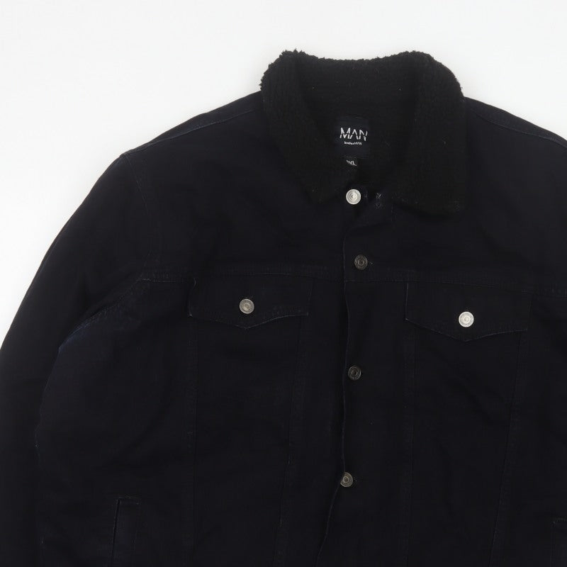 boohooMAN Men’s Black 4XL Denim Sherpa Collar Trucker Jacket
