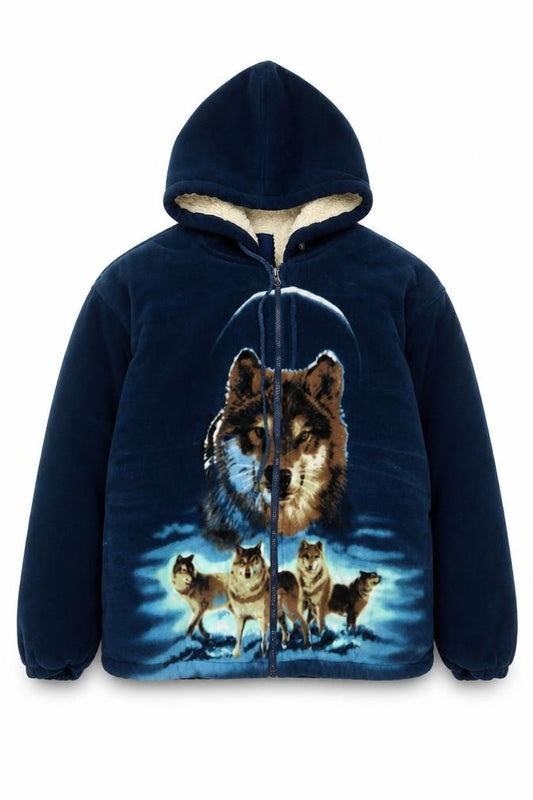 Port Nova Men's Blue XL Wolf Print Hooded Sherpa Lined Fleece Jacket