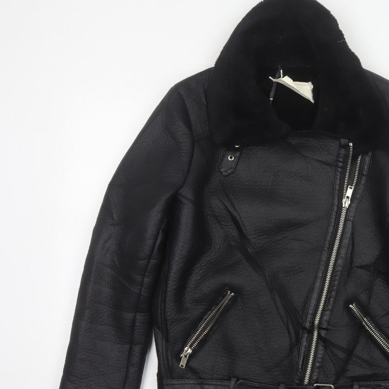 Zara Women Black UK 12 Faux Leather Biker Jacket Faux Fur Belted