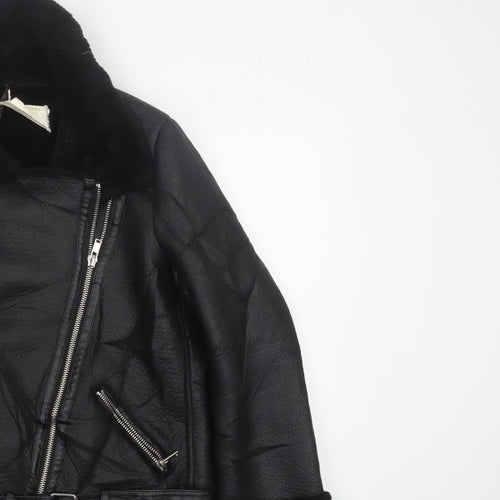 Zara Women Black UK 12 Faux Leather Biker Jacket Faux Fur Belted