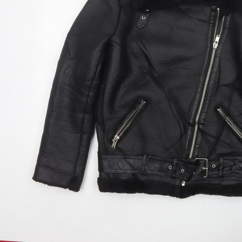 Zara Women Black UK 12 Faux Leather Biker Jacket Faux Fur Belted