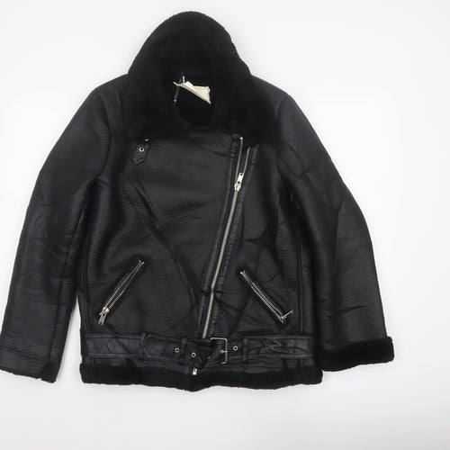 Zara Women Black UK 12 Faux Leather Biker Jacket Faux Fur Belted
