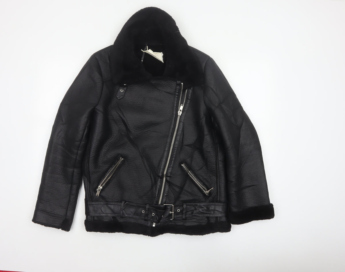 Zara Women Black UK 12 Faux Leather Biker Jacket Faux Fur Belted