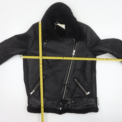 Zara Women Black UK 12 Faux Leather Biker Jacket Faux Fur Belted