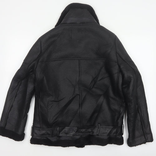 Zara Women Black UK 12 Faux Leather Biker Jacket Faux Fur Belted