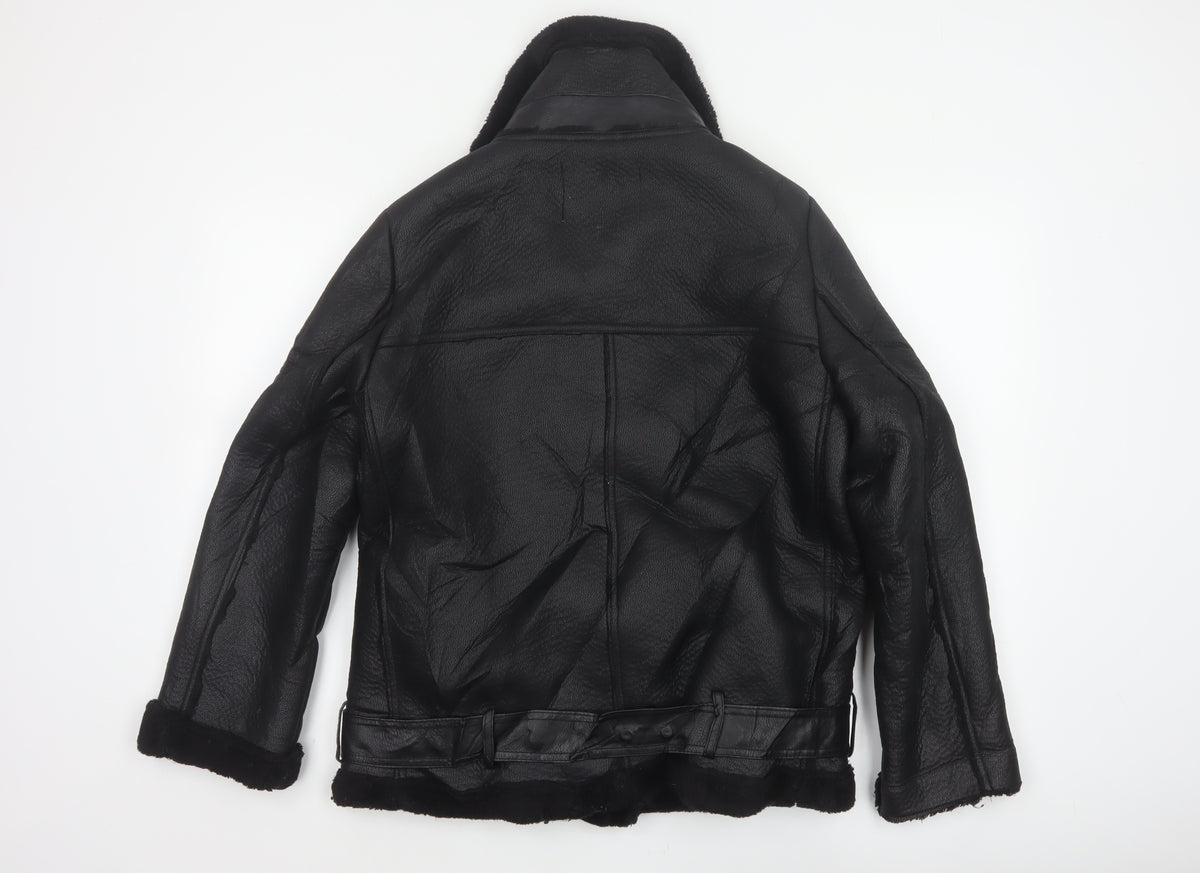 Zara Women Black UK 12 Faux Leather Biker Jacket Faux Fur Belted