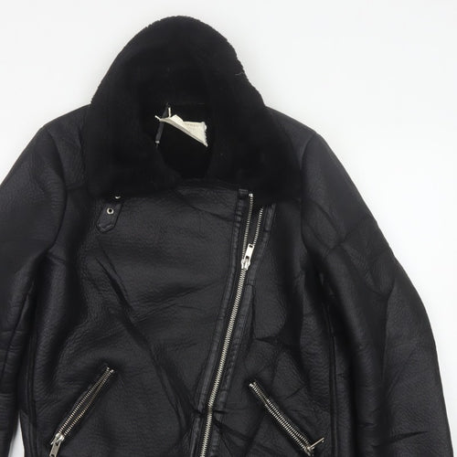 Zara Women Black UK 12 Faux Leather Biker Jacket Faux Fur Belted