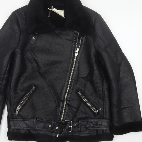 Zara Women Black UK 12 Faux Leather Biker Jacket Faux Fur Belted